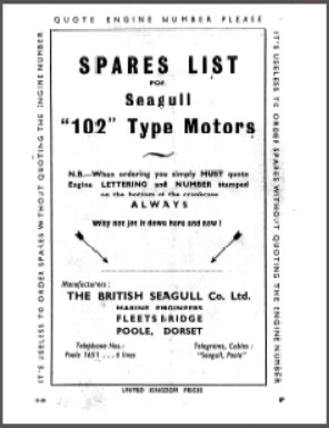 British Seagull 102 Owners Spares List
